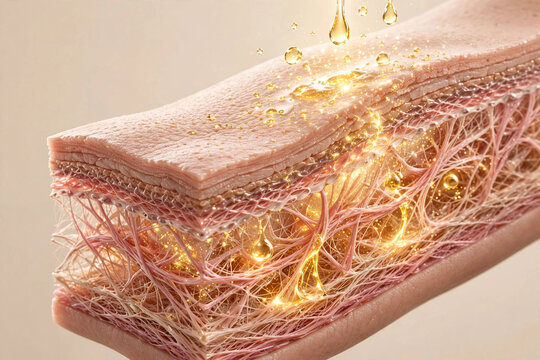 3D illustration of human skin cross section with lipid barrier repair, collagen matrix, active serum serum drops, and glowing moisture layer for cosmetic dermatology