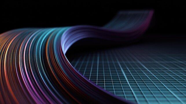 Abstract glowing fiber optic strands on a dark grid.