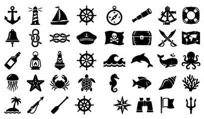 Large Collection of 40 Flat Black Nautical Icons with Marine Navigation Pirate and Ocean Symbols Vector Set © Aslam