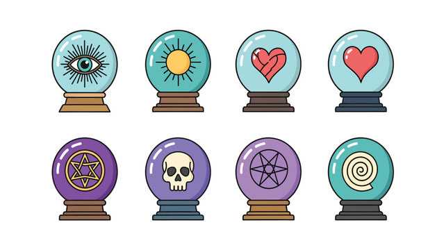 Collection of eight colorful cartoon crystal balls with various symbols inside, isolated on white background.