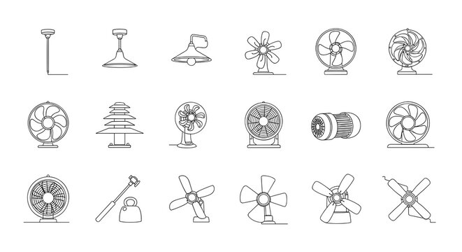 ceiling fan vector electric appliance outline set featuring floor table stand and exhaust coolers for domestic temperature control line art icons isolated on white background