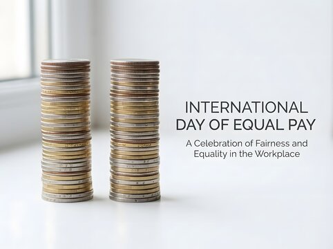 Two equal stacks of metal coins representing international day of equal pay concept