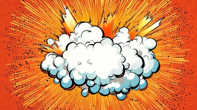 Vibrant comic book style explosion illustration featuring dense clouds and radiant light rays against bright orange background