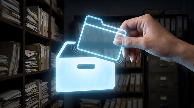 Hand organizing digital folders into archive storage hologram representing information management and data organization