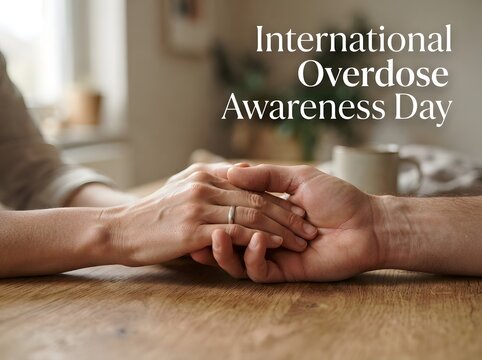 International overdose awareness day with two people holding hands for support and care