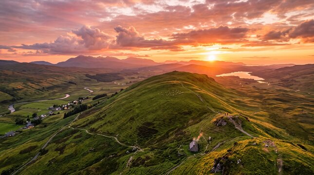 Dramatic Sunset over the Rolling Green Hills and Mountains of the Scottish Highlands