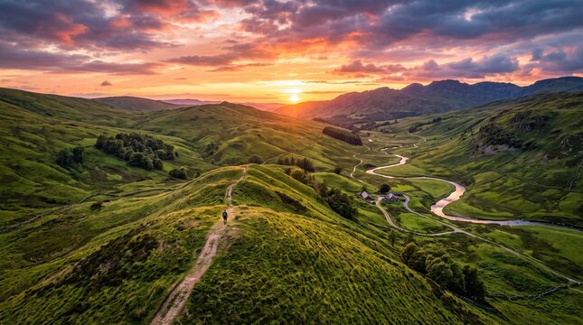 Aerial view of a lone hiker on a ridge trail overlooking a lush valley and winding river at sunset