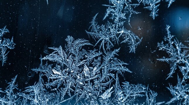 Macro Close-up of Intricate Frost Patterns and Ice Crystals on a Dark Window Pane