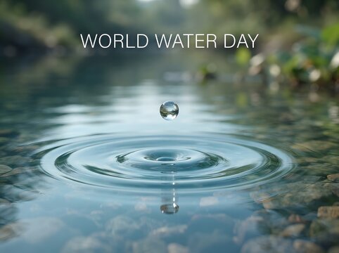 A single water drop falling into clear blue water making ripples for world water day
