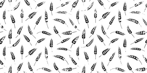 Fototapeta premium Seamless pattern of wheat ears, rye or barley, agriculture and harvest, black isolated silhouette on white background, vector print