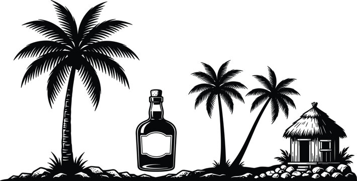 Tropical island rum bottle graphic layout with classic palm trees exotic bungalow beach landscape vector design