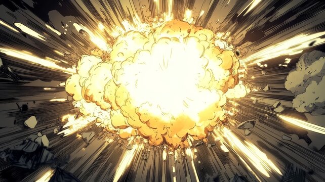 Massive comic style explosion featuring bright yellow flames and flying debris particles