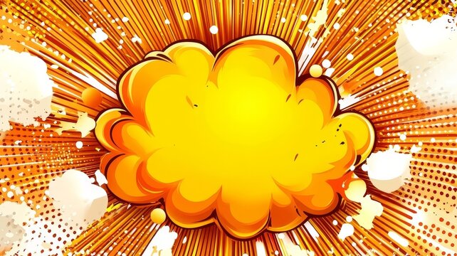 Dynamic comic book style explosion background with vibrant orange burst effect and blank speech bubble for creative text placement