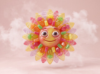 Fototapeta premium Vibrant 3D sun character made of candy and jelly, a joyful cartoon mascot with gummy flower petals and spun sugar details against a dreamy pastel pink sky background.
