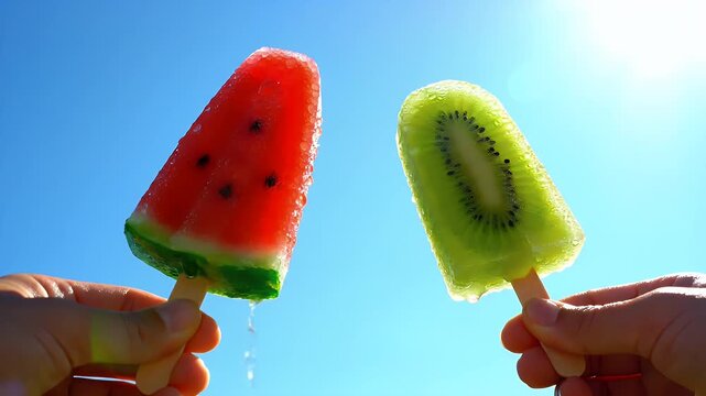 Watermelon and kiwi fruit popsicles held by hands against a bright blue summer sky