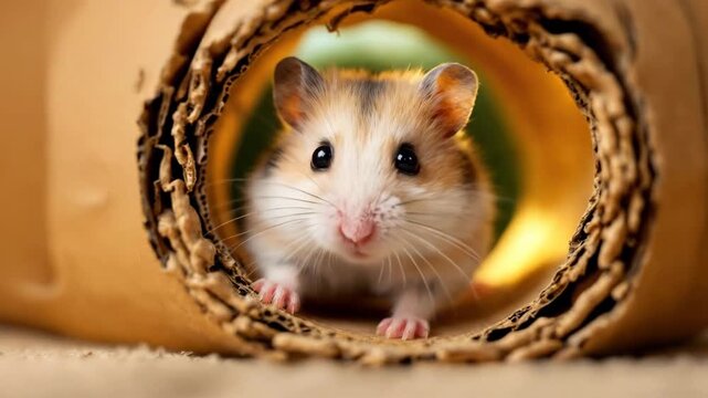 Adorable hamster peeking curiously from a cardboard tube tunnel, close-up.