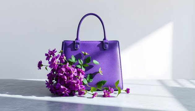 Stylish violet bag and ageratum flowers on gray table against light background, space for text, vibrant. White tone
