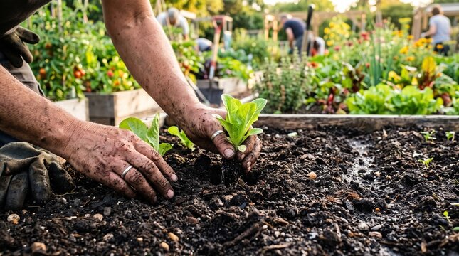 Hands planting young seedling in fertile garden soil.