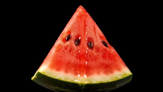 Watermelon slice with vibrant red fruit and black seeds isolated on black background