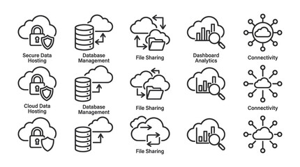 Fototapeta premium Cloud data hosting and secure file sharing database management icons.