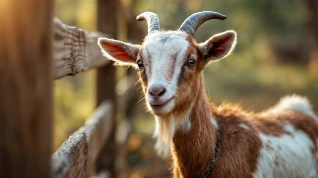 Peaceful brown and white goat with horns by a rustic wooden fence at sunset.