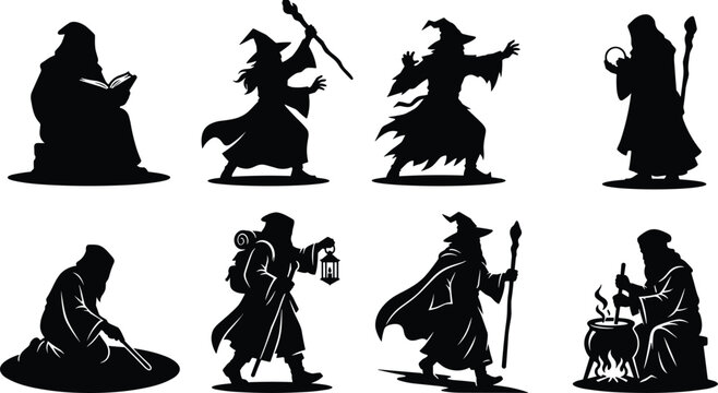 Wizard silhouette collection with magical poses, staffs, books, and cauldrons