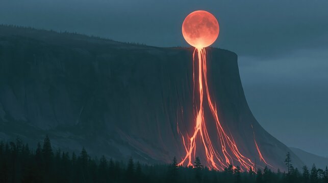 Breaking News: Fiery Lava Waterfall Illuminates Dark Cliff Under Massive Red Moon Fantasy Landscape
