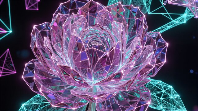Neon-lit geometric flower with cyberpunk tech elements in vibrant pink and cyan hues.