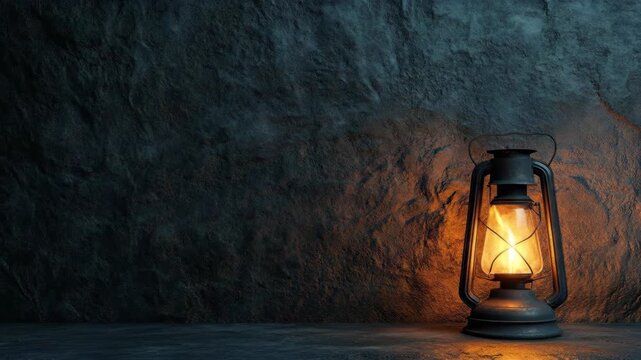 Vintage oil lantern casts a warm, inviting glow on a dark, textured rock wall.