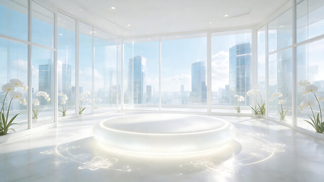 Sci fri luxury minimal futuristic white bright modern circle platform orchid sci fri luxury minimal futuristic white bright modern circle platform orchid glass penthouse with glowing round stage