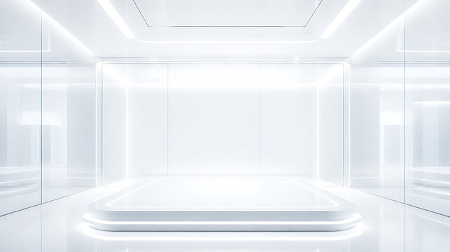 Sci fri luxury minimal white futuristic interior glowing platform glass wall modern digital stage clean light space elegant