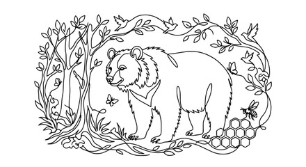 Obraz premium Whimsical Bear in Forest Scene with Bees and Butterflies - Line Art Illustration