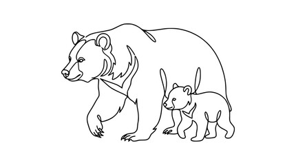 Fototapeta premium Continuous Line Art: Mother Bear and Cub Walking Together