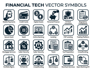 Fototapeta premium Financial Tech Vector Symbols Show Mobile Payments Credit Cards Digital Assets And More For Modern Banking Solutions