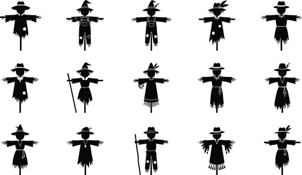 Scarecrow silhouette set featuring autumn farm field character icons vector flat black illustration