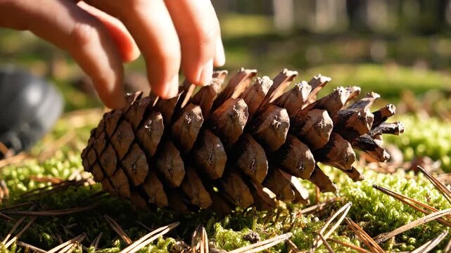 Close-up macro shot of a pine cone with a hand gently touching its scales on a forest floor.