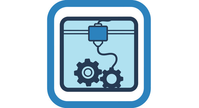 Icon of a 3D printer and gears inside a framed device, representing technology and manufacturing.