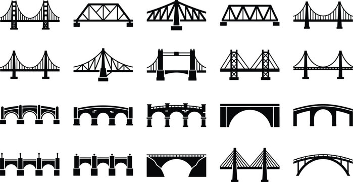 Bridge architecture icon set featuring suspension truss cable stayed arch bridge silhouettes vector vector illustration