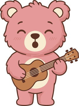 Cute cartoon pink teddy bear playing ukulele vector illustration featuring a happy singing grizzly bear character strumming small acoustic guitar isolated on white background