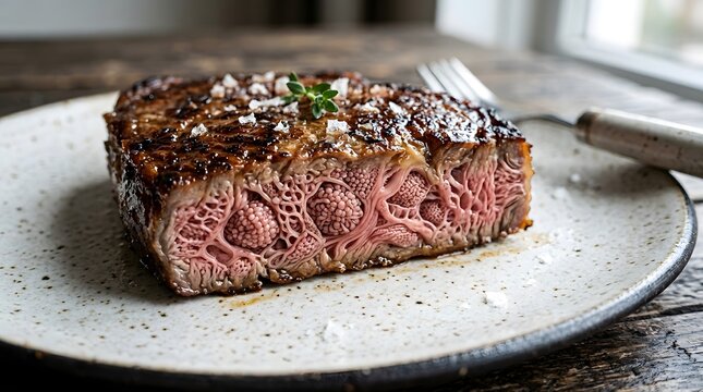 A succulent, perfectly cooked steak, artfully sliced to reveal its tender, juicy pink center and intricate marbling, presented on a minimalist plate