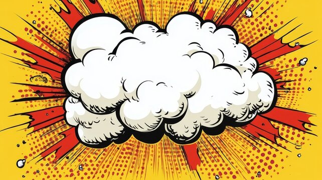 Comic book style explosion cloud graphic with vibrant yellow and red halftone background elements for dynamic design projects