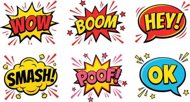 Comic book sound effect speech bubble sticker set with sound words vector pop art illustration