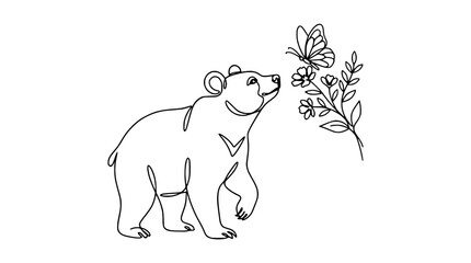 Naklejka premium One Line Drawing Bear Sniffing Butterfly on Flowers