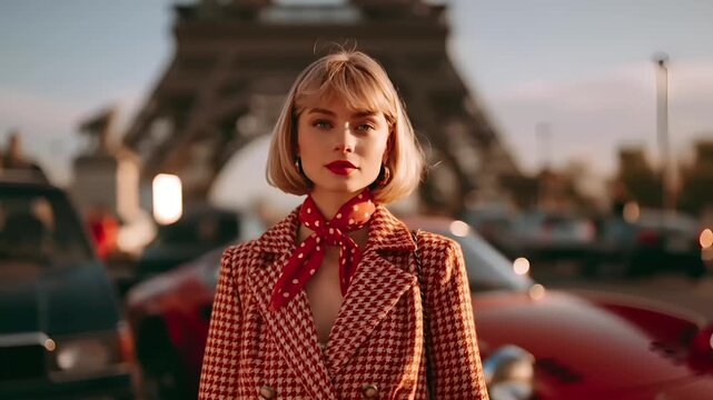 Paris, France, Europe. A portrait of a woman standing in front of the Eiffel Tower in Paris, France. She wears a red and white houndstooth coat with a polkadotted scarf tied around her neck.
