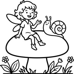 Fairy coloring page sitting on a giant mushroom talking to a cute snail. Cute black and white outline fantasy garden illustration for kids coloring book, activity page and printable worksheet.