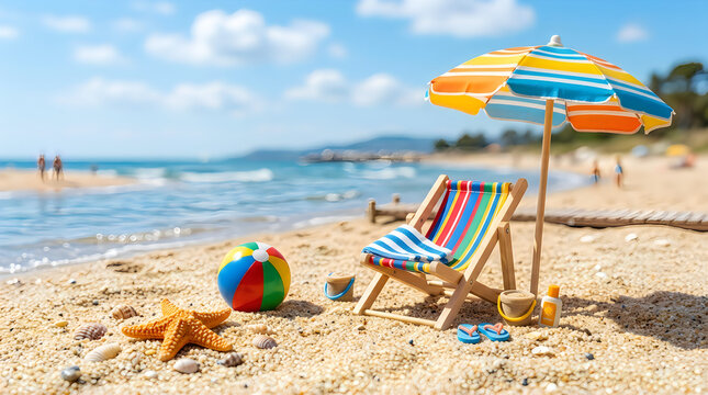 Colorful beach chair and umbrella on a sunny tropical beach