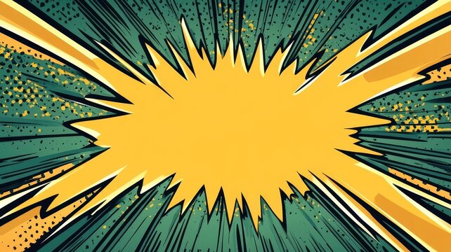 Vibrant yellow comic book style explosion bubble over textured dark green speed lines background illustration