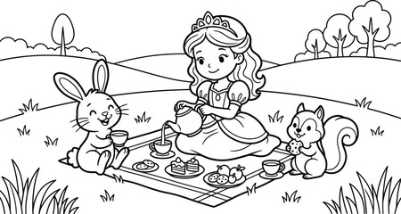 Obraz premium Princess having a tea party picnic with a bunny and squirrel coloring page. Cute black and white outline fantasy illustration for kids coloring book, activity page and printable worksheet.