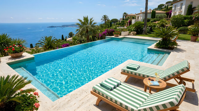 Luxury swimming pool with ocean view and sun loungers