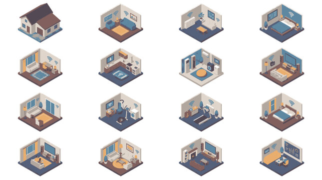 Isometric illustration of various rooms and a house, showcasing interior design elements and furniture in a clean, modern style.